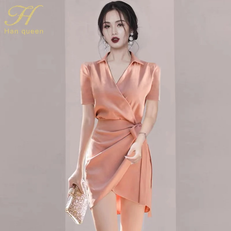 

H Han Queen Elegant Lace-Up Pencil Dress Women 2021 Summer Slim Short sleeve Sheath Bodycon Dresses OL Office Wear Shirt Vestido