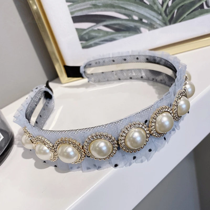 

Korea Wave Dot Mesh Yarn Pleated Pearl Thin Headband Boutique Hair Accessories Women's Hairbands Headband Girl Hair Band