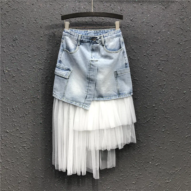 

Новинка 2021, Женская юбка-пачка большого размера в стиле Харадзюку, юбка-пачка для девушек, асимметричные тюлевые джинсовые юбки, юбка с пояс...