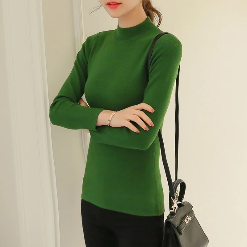 green C Ohclothing2019европейский зимний женский свитер с полувысоким воротником, тонкая белая рубашка, свитер с рукавами, тонкий женский свитер с коротким рукавом - Цвет: green C
