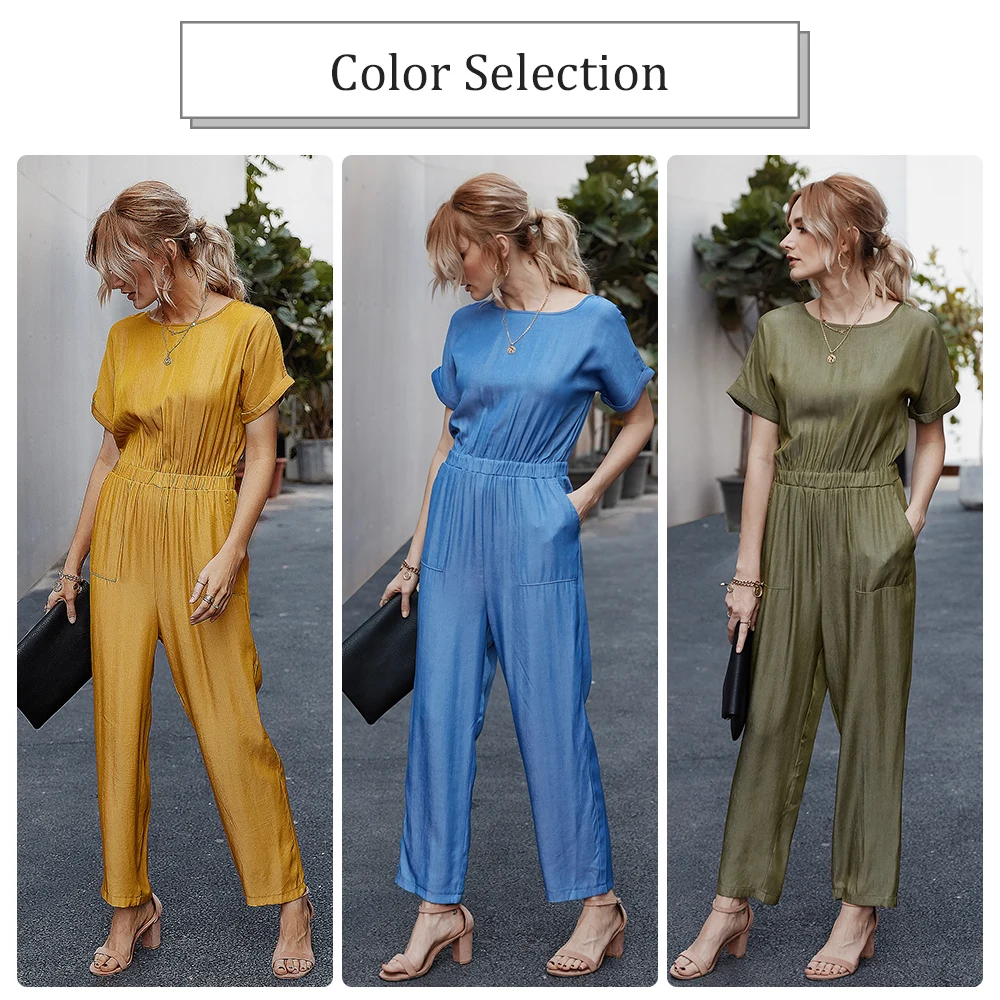 Jumpsuit Women 2020 Summer Short Sleeve Fashion Solid Casual Overalls Autumn Office Lady Straight Leg Rompers Women's Jumpsuit