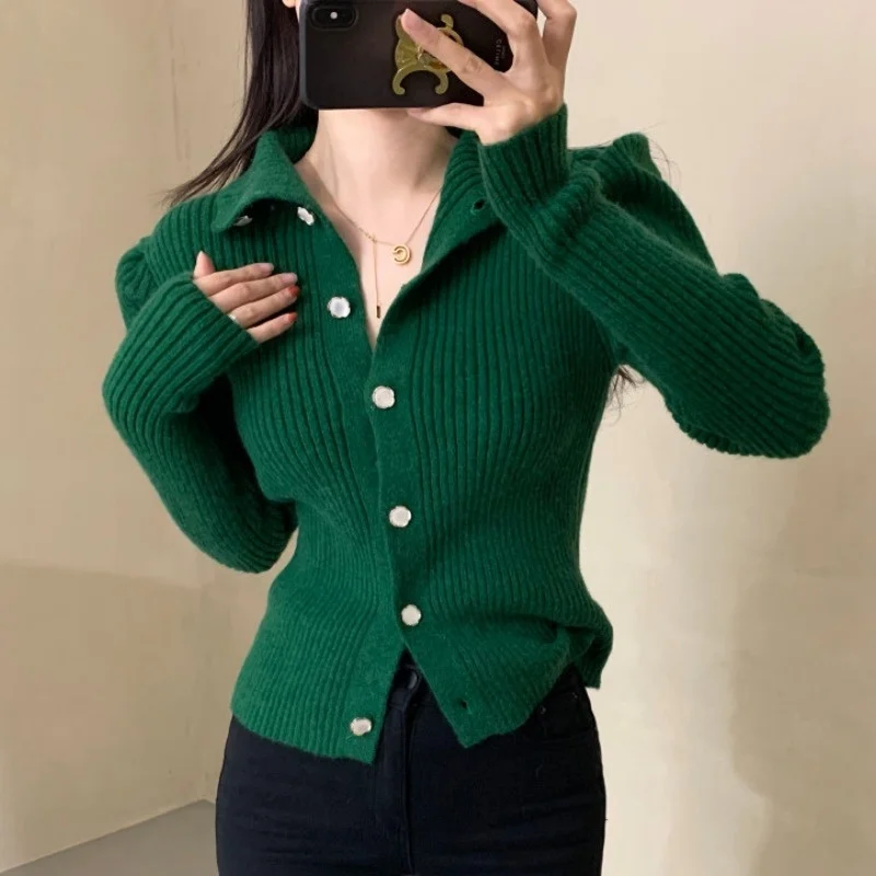 Bubble Sleeve Short Sweater Korean Chic Spring Simple Advanced Green Lapel Knitted Cardigan Single Breasted Womenshesam-B Nuyoah |