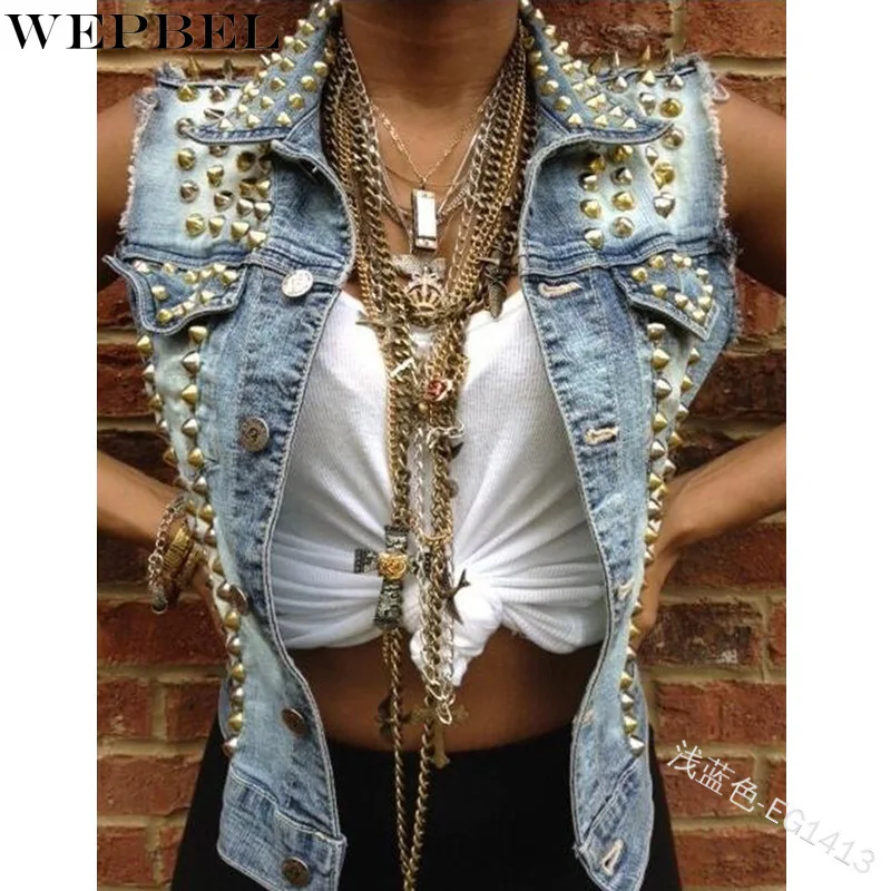 

WEPBEL Rivet Slim Jacket Women's Casual Solid Color Jacket Summer Single-Breasted Sleeveless Turn-down Collar Vest Coat