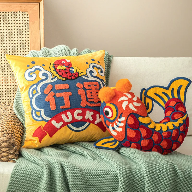 

2022 Cushion Cover Decorative Pillow Joy Chinese Traditional Lucky Fish Embroidery Cushion Cover Sofa Chair Bedding Coussin