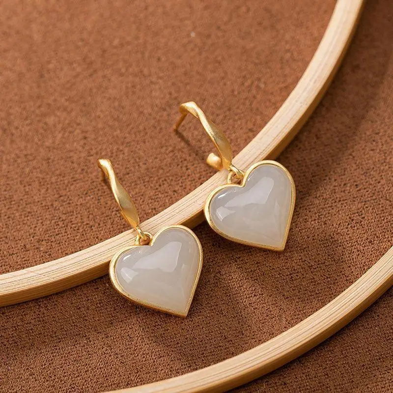 

Original S925 Sterling Silver Natural Hetian Jade Personality Heart-Shaped High-End Creative Classical Women's Earrings Eardrop