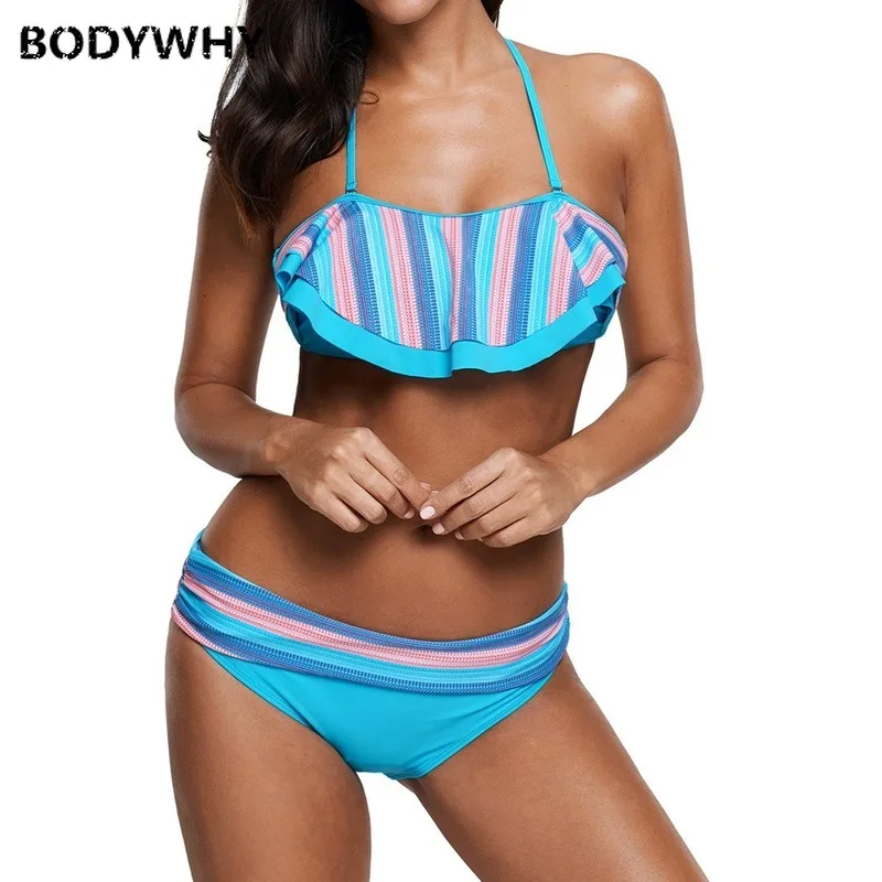 

New Swimsuit Bikini Hanging Neck Without Steel Ring Gathered Low Waist Large Size Split Swimsuit Europe and The United States