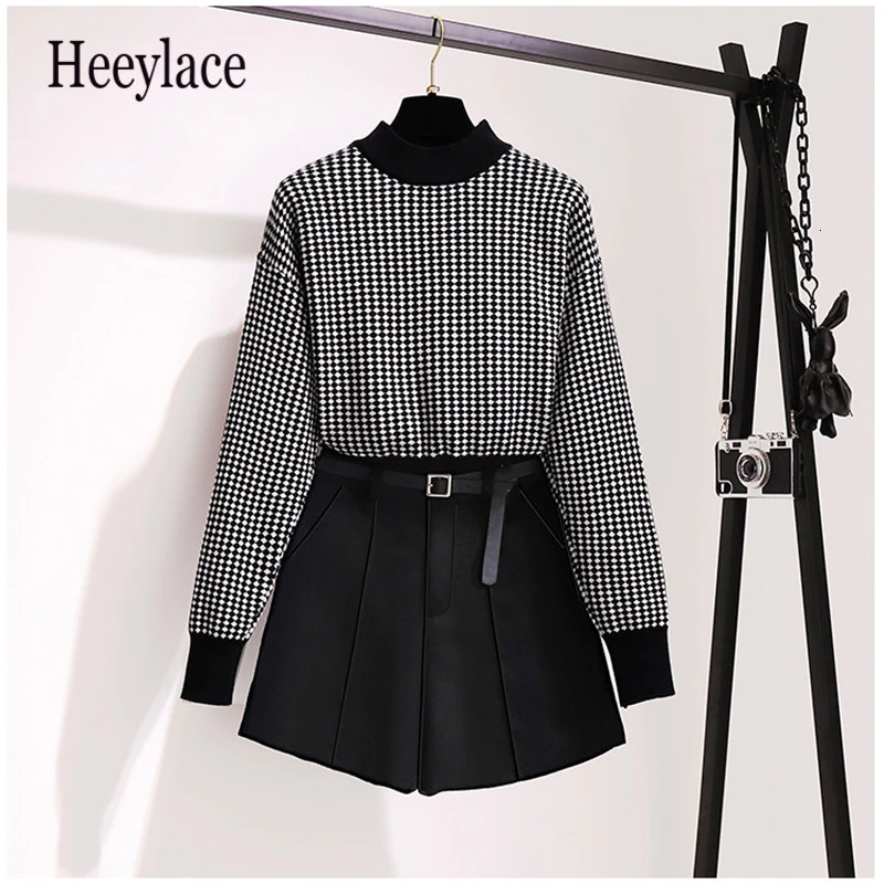 Клетчатый вязаный женский свитер с длинным рукавом и круглым вырезом топы +