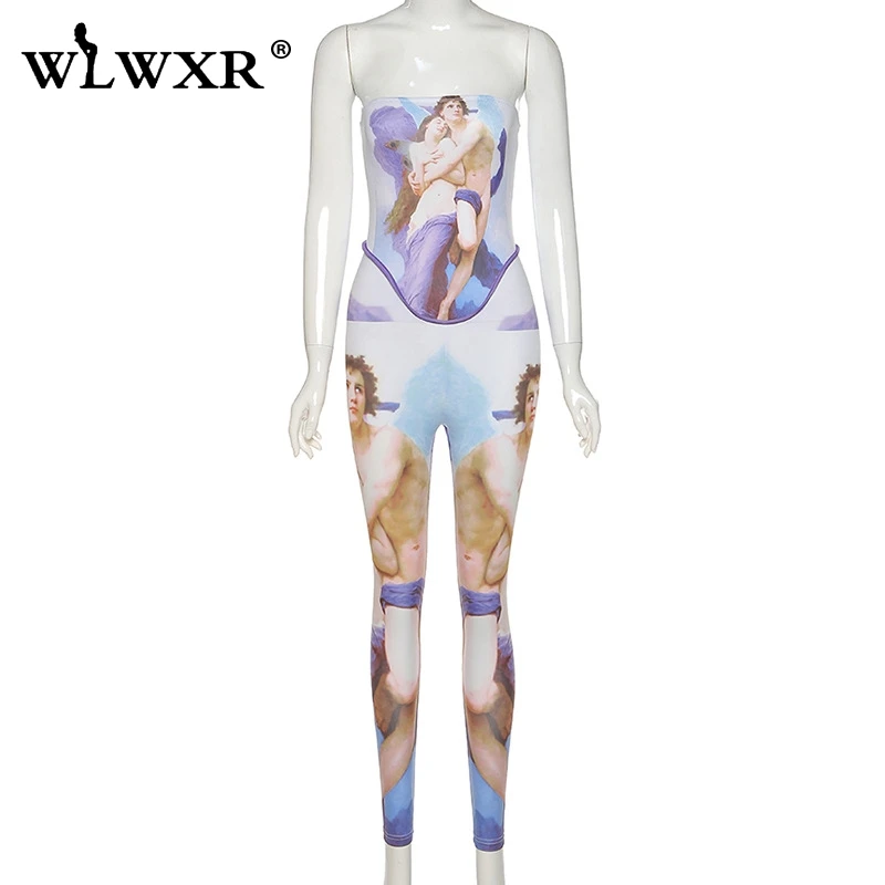 WLWXR Oil Painting Off Shoulder Summer Romper Women Sexy Bodycon Jumpsuit Female Backless Club One Piece Ladies | Женская одежда