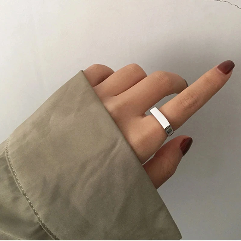

Square Band Flat Top Woman Signet Ring Silver Stainless Steel Vintage Minimalist Women Jewelry Party Gift Rings Wholesale