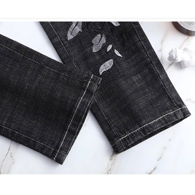 

FERZIGE New Luxury Embroidery Flowers Pencil Pants Women Skinny Stretch High Waist Pants Female Casual Slim Fit Pants Black Gray