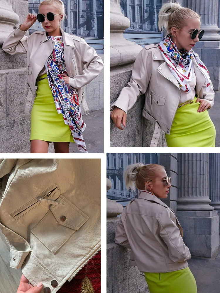 

Women's Synthetic Leather Jacket, Women's Khaki Leather Jacket with Belt, Spring Autumn Leather Blazers Women