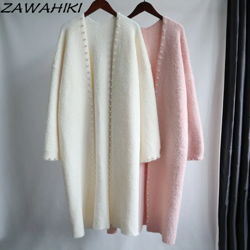 

Вязаный женский кардиган zawхиты с бусинами, осенне-зимнее новое пальто с длинным рукавом, сплошная шикарная Корейская свободная темперамен...