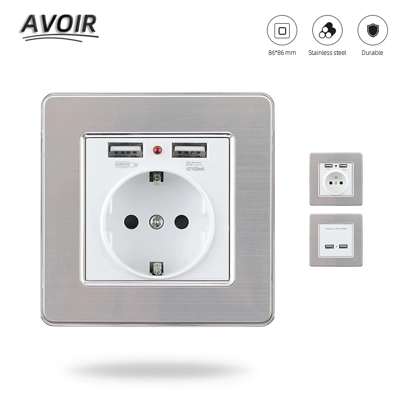 

Avoir EU France Dual USB Outlet Port Wall Charger Adapter Standard LED Indicator 16A Power Socket Stainless Steel Panel