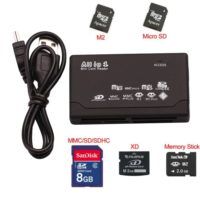 Все в одном 1 кардридер USB внешний для мини Micro SD SDHC M2 MMC XD CF MS Duo Macbook PC Компьютерная