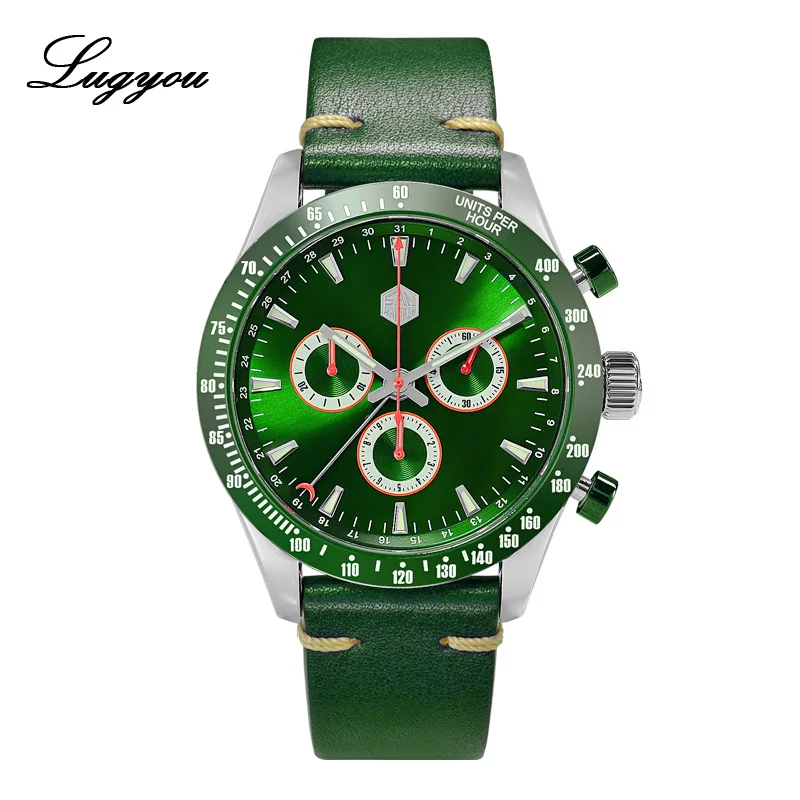 Leather Green Lugyou San Martin Quartz Watch Men Chronograph Timepiece Sun ray Metal Band Sub Dials Pusher Sapphire 100m Water Resistant Glow - Цвет: Leather Green