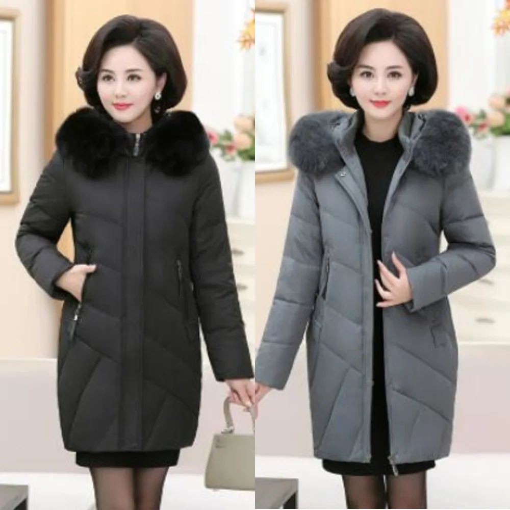 

Size Women Middle-Aged Down Jacket Fashion Long Thicken Warm Fox fur Collar White Duck Down Coat Hooded Mother Coat