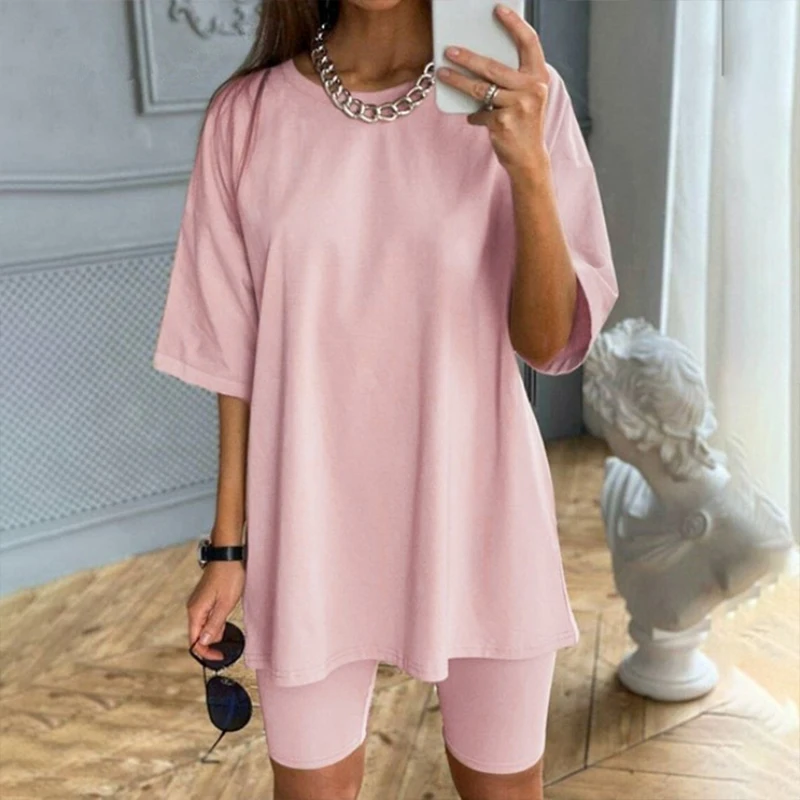 

2 Two Piece Sets Lounge Wear For Women Outfits Fall 2020 Woman O Neck Loose Clothes Basic Short Sleeve Top And Biker Shorts
