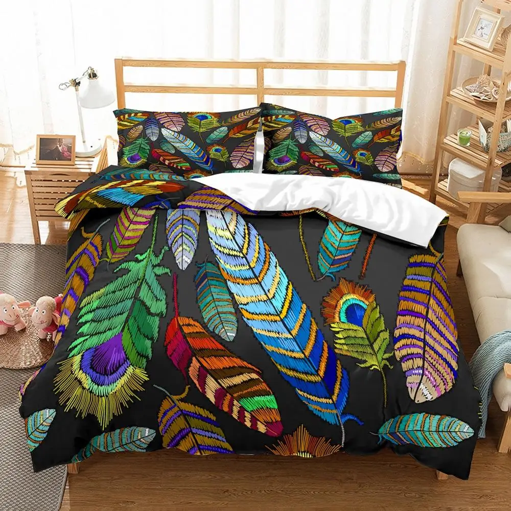 Microfiber Art Bedding Set Peacock Feather Duvet Cover Soft Pillow Case Home Decor Bedspread 2/3 Pieces Black/White Background | Дом и сад