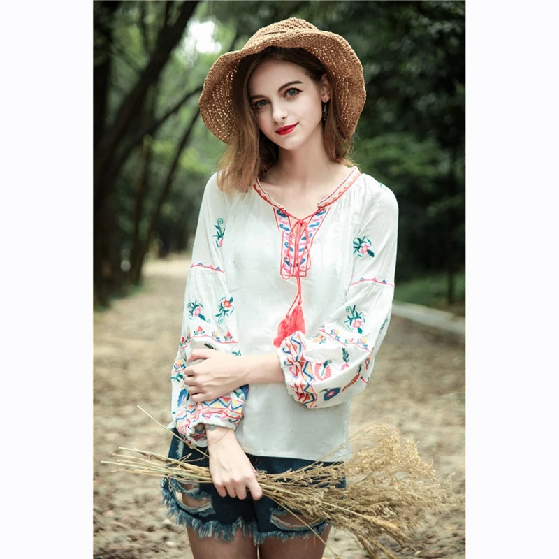 

Women Bohemia Blouse Shirts Women Cotton Linen Embroidered Blouse Shirt Women Long Sleeve Blouse Top