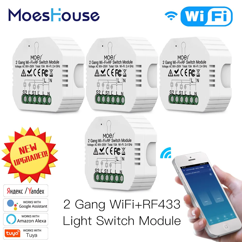 

Moes 2 Gang DIY Smart WiFi RF433 Switch Module Smart Life/Tuya APP RF Remote Control,Works with Alexa Google Home 1/2 Way