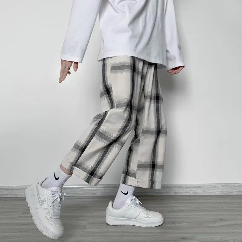 

HOUZHOU Casual Plaid Pants for Men Summer Wide Leg Pants Men Harajuku Japanese Streetwear Fashion Trousers Male Teens Oversize