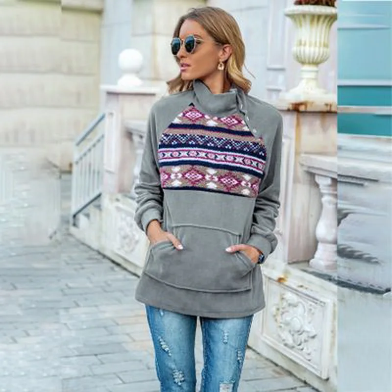 

New women's autumn and winter fashion casual home street plush No hat jacket printed button pocket long sleeve women's clothing