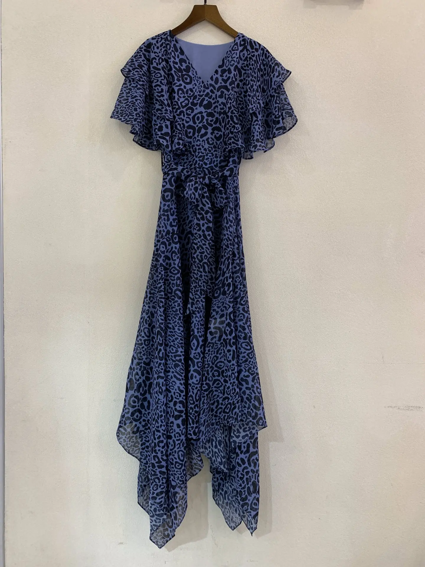 

Summer Runway Fashion Chic Dress Lady Green Leopard Print Tied Waist Asymmetrical Ankle Length Party Robe