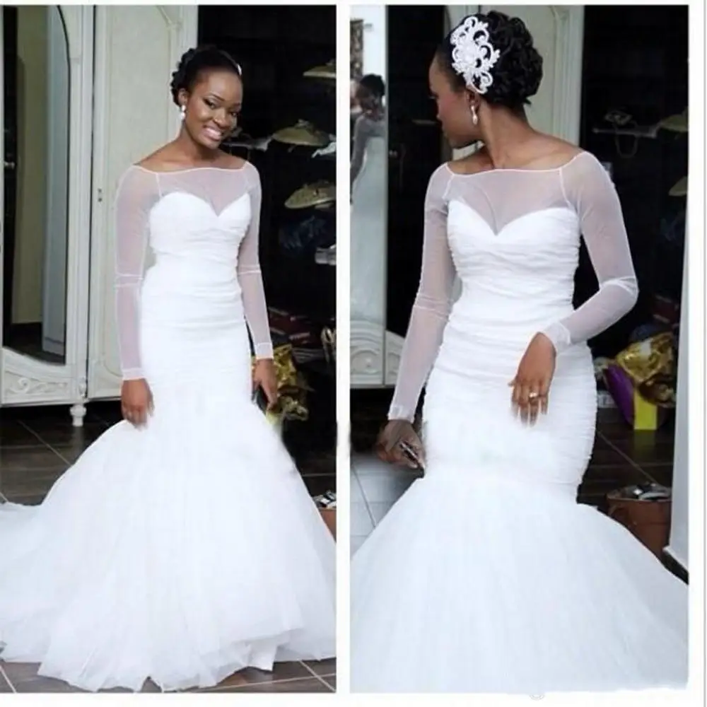 

2020 Charming Tulle White Mermaid Wedding Dresses Scoop Long Sleeve Plus Size Country Afraic Bridal Gown Train Church Bride Dres