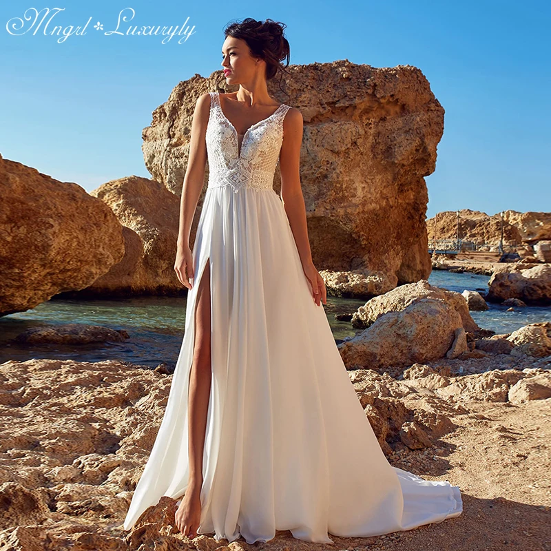 

Luxury A-Line Wedding Dresses Sleeveless Lace Applique Backless Gowns V Neck Sexy High Split Tube Top vestidos de novia