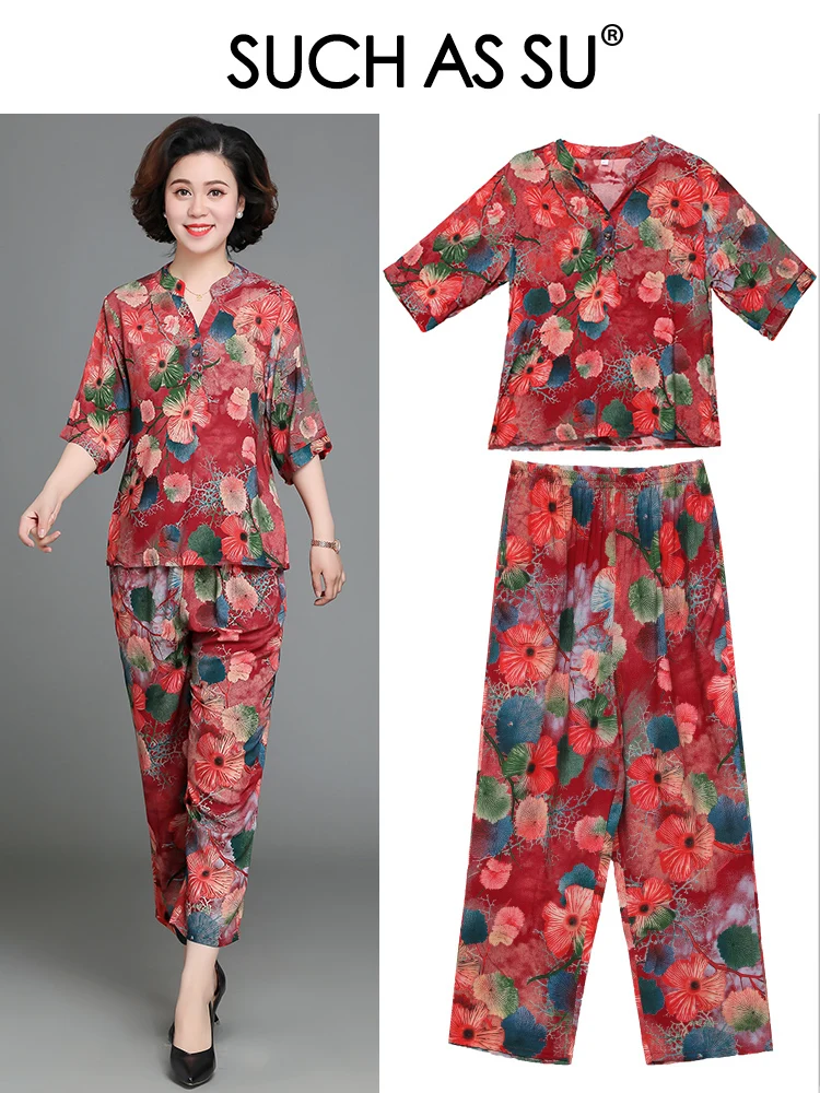 

SUCH AS SU Women 2021 Summer V-Neck Multicolor Temperament Top+Pants Two Piece Suit Casual Ladies Plus Size Mother Suits 15803