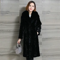 100 black mink whole leather long coat 2021 winter womens real fox fur collar korean style elegant high quality warm heavy