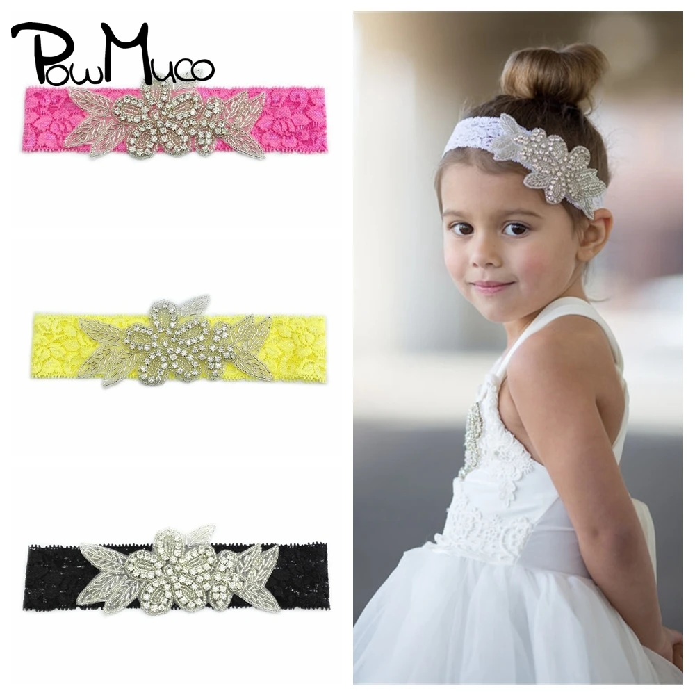 

Милые Стразы Powmuco, эластичная повязка на голову с листьями и цветами для младенцев, модная Кружевная повязка для волос для малышей, Детские а...