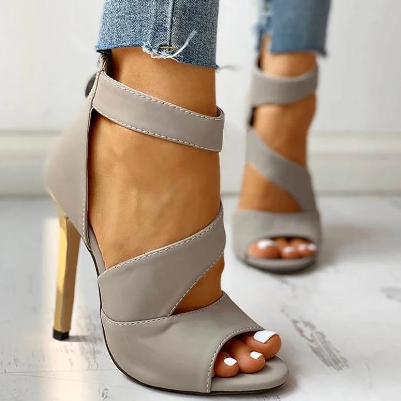 

2021 Women Hollow Out Zip Open Toe Sandals Woman Thin Heels Pumps Shoes Female Sewing Solid Ladies Summer Party Plus Size 43