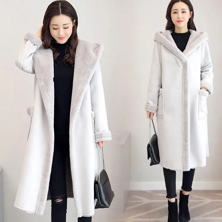 Женская куртка из искусственной замши пальто кожи зимнее с капюшоном овчины меха