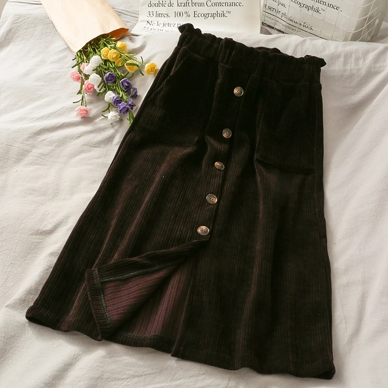 

retro high waist show thin flower bud skirt breasted split half skirt women's autumn corduroy mid length one step skirt