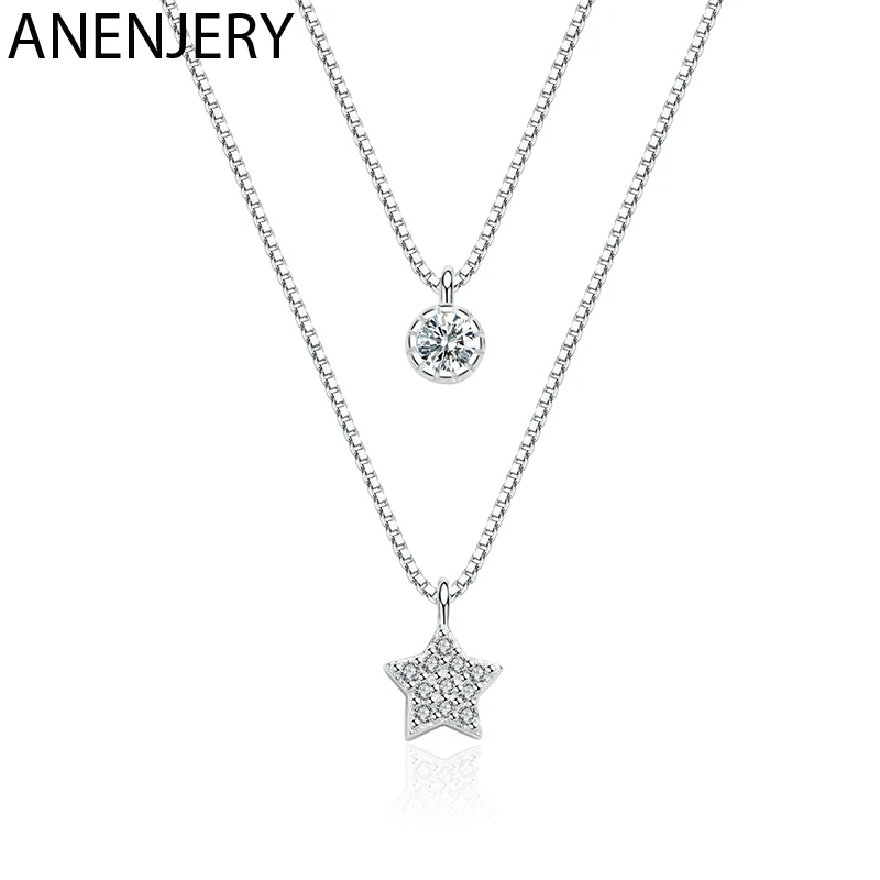 

GOLDRIA 925 Sterling Silver Double-layer Zircon Star Necklaces For Women Short Chain Choker Gift S-N390