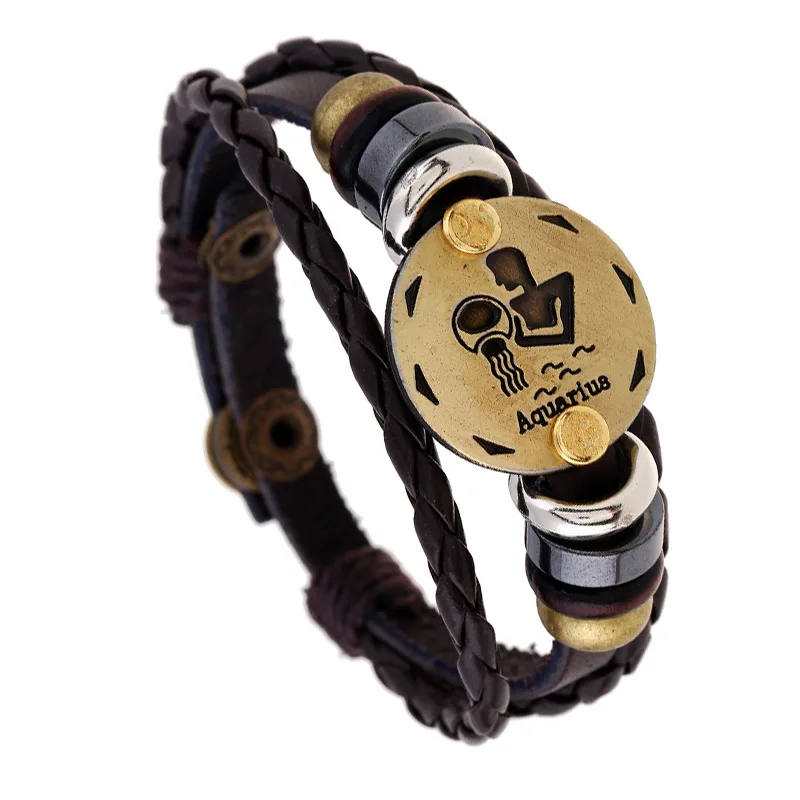 

Punk Twelve Constellation Leather Bracelet Birthday Gift Woven Adjustable Cowhide Bracelet Student Jewelry