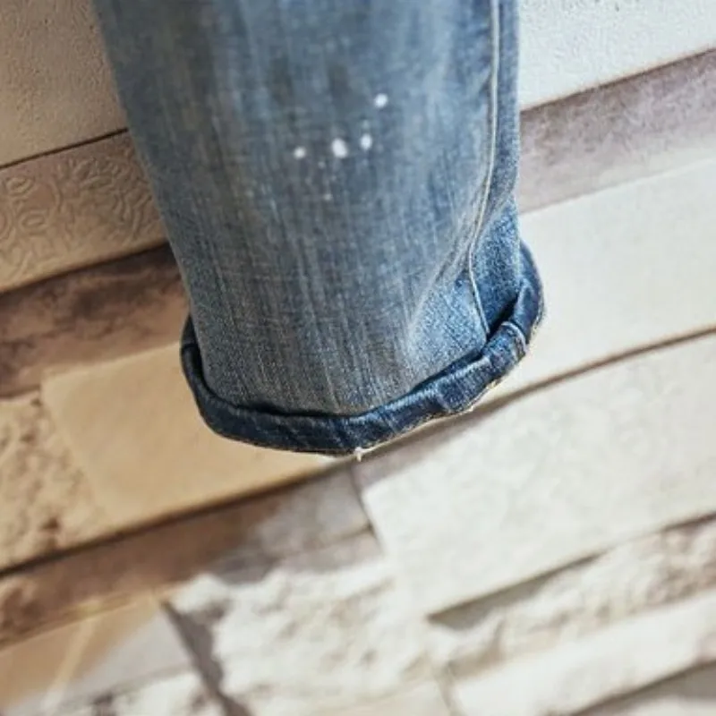 

Autumn Men Jeans Slim Fit Distressed Fashion Patchwork Plaid Wash Blue Denim Trousers Streetwear Mens Hole Ripped Pencil Pants