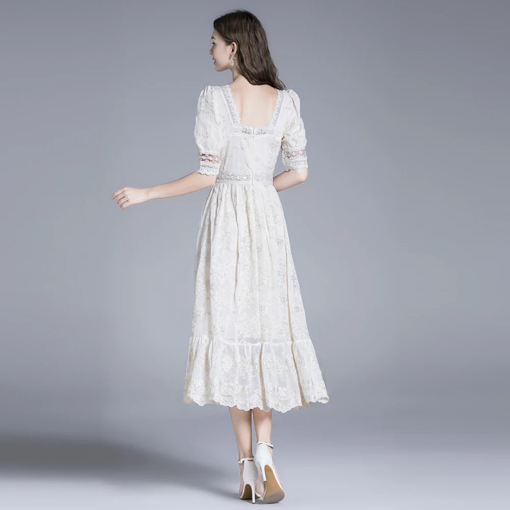 

White Lace Summer Party Dress Women Square Collar Short Sleeve Elegant Long Midi Dress Mid-Length Embroidery Pleated Dress C469