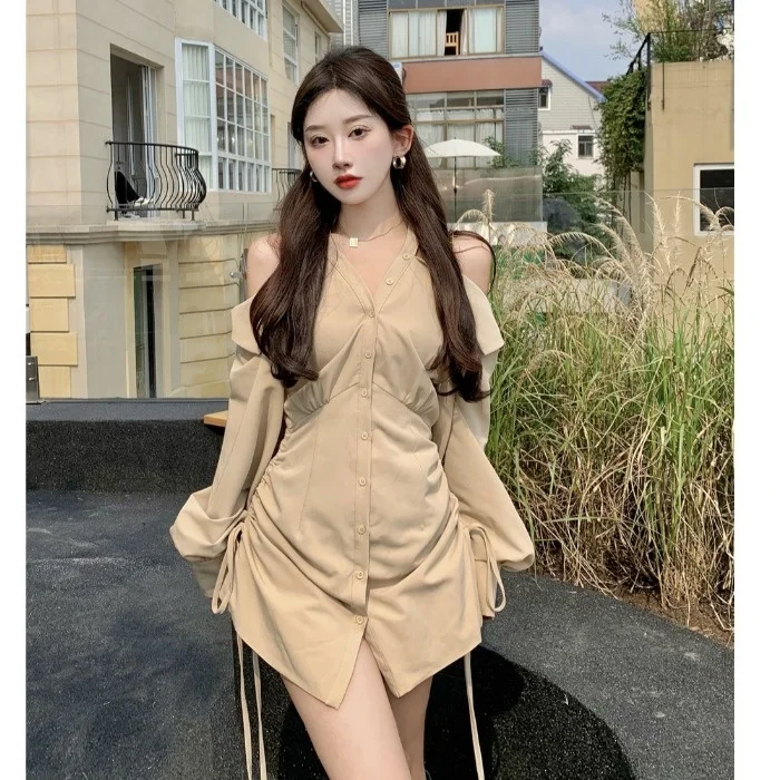 

Shirt Skirt Autumn Style Sense Design Style Drawstring Waist Halter off-Shoulder Rac