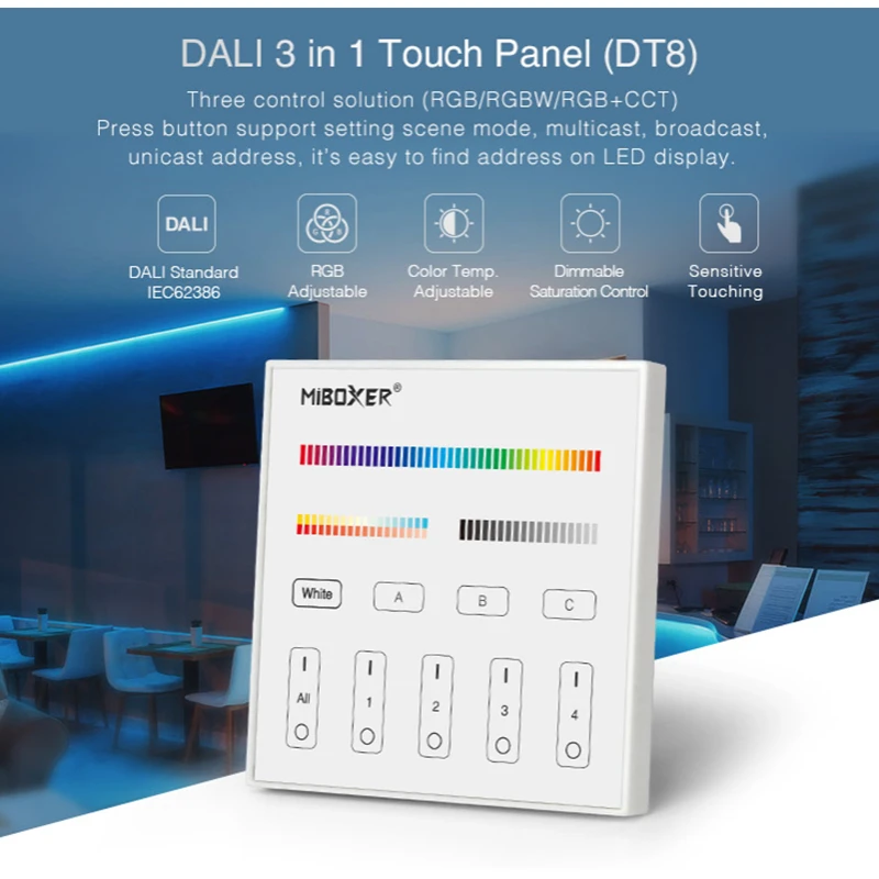 

Miboxer DALI Bus Power Supply (DT8) 86 touch panel DALI Dimming Control System 5 in 1 LED Controller DIN Rail for led lamps