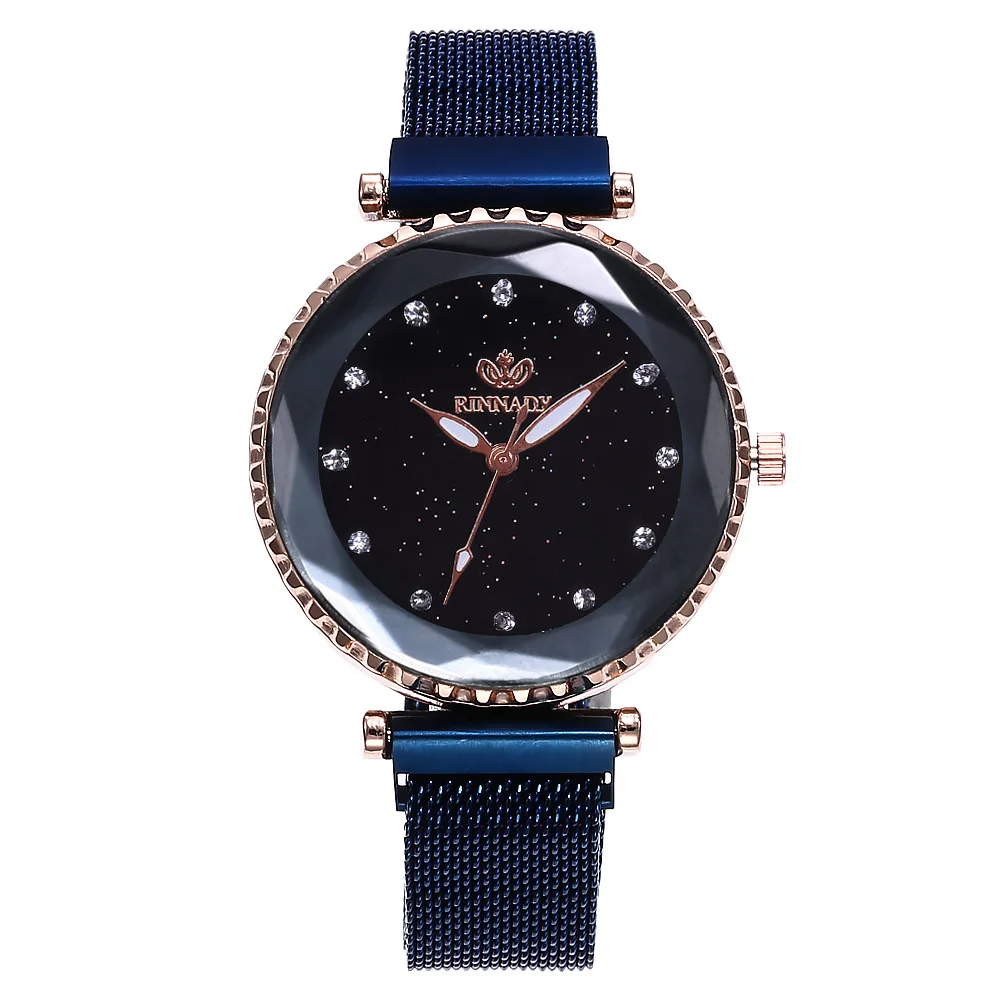 rinnady061blue Женские часы из нержавеющей стали с сетчатым ремешком, наручные часы в римском стиле, модные кварцевые часы с магнитной пряжкой, роскошные часы Relojes Mujer - Цвет: rinnady061blue