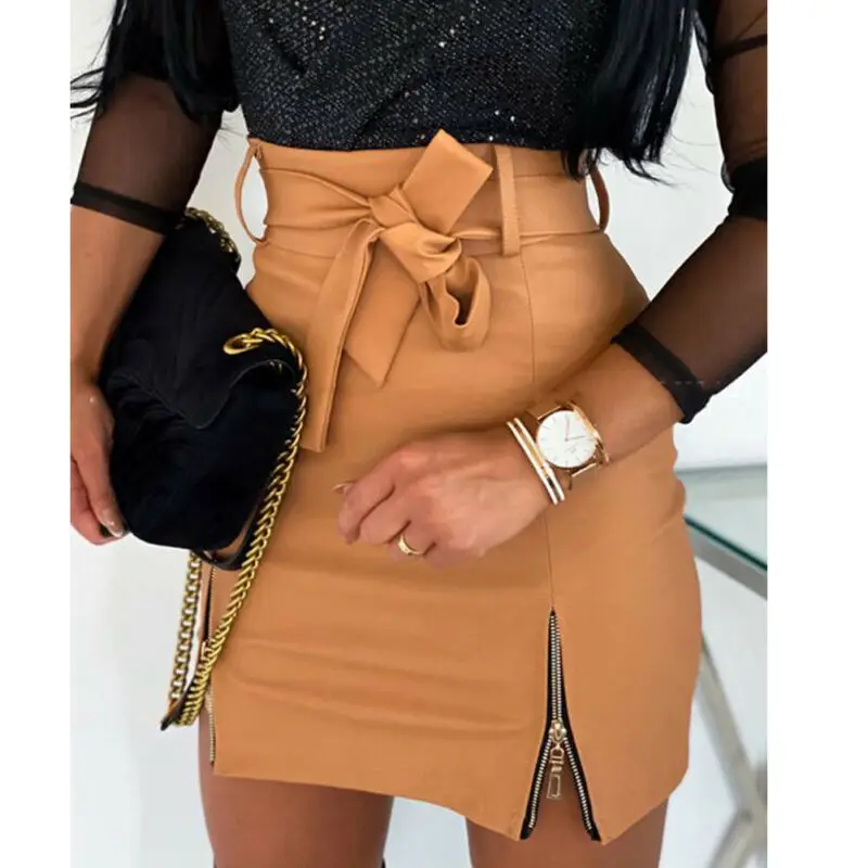 

Fashion Women Sexy Skirt Lady High Waist Zipper Up PU Leather Lace Up Preppy Short Mini Skirt S-XXL
