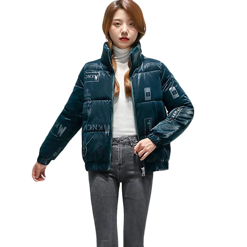 

New Korean Fashion Printing Bright Face Down Cotton Jacket Women Short Loose Bread Padded Jacket Winter Cold Warm Parka Overcoat
