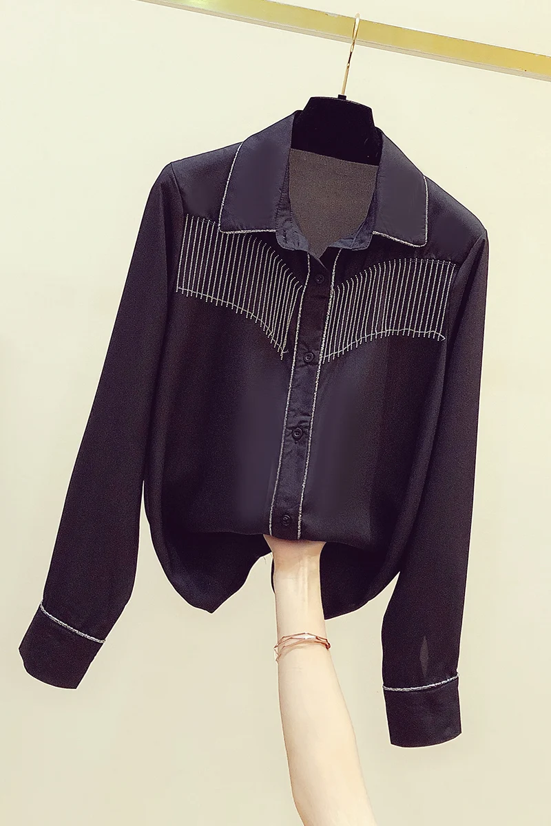 

2021 Spring Autumn New Blouse Rhinestone Tassel Chain Lapel Long Sleeve Black Shirt Women's Casual Slimming Chiffon Shirts Tops