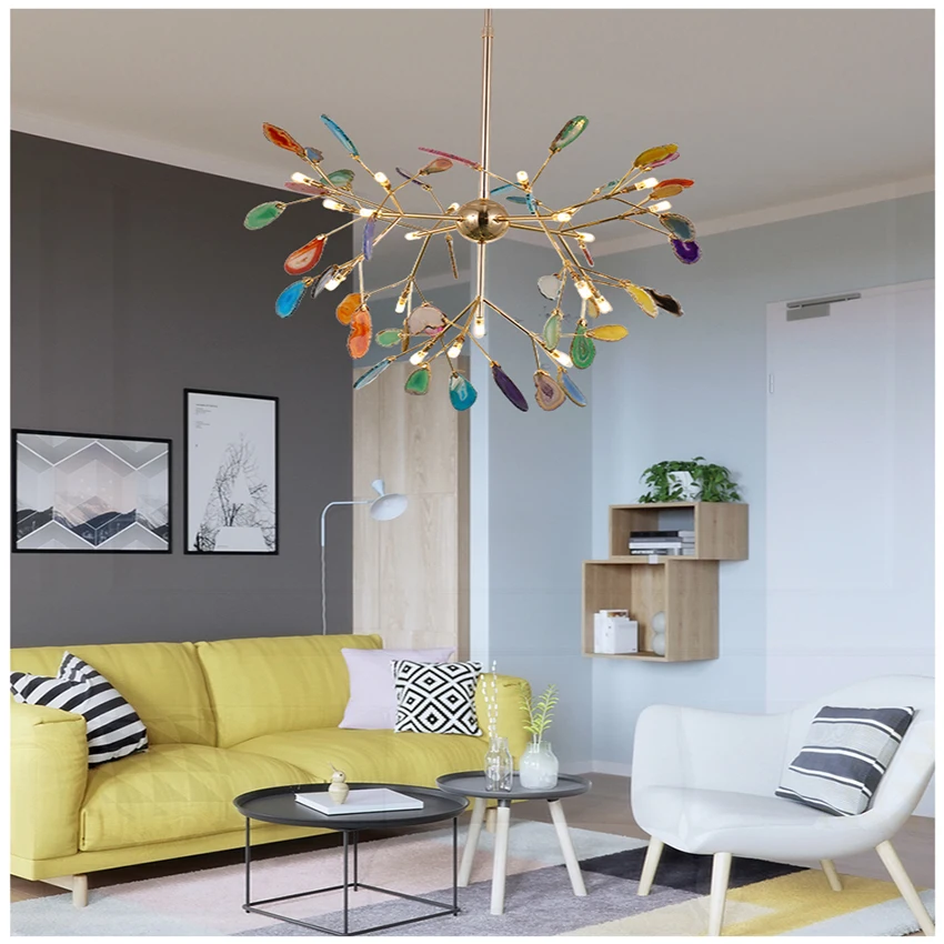 

Postmodern Firefly Branch Chandelier Living Room Colored Agate Stone Led Chandelier Attic Dining Room Indoor Decoration Lighting