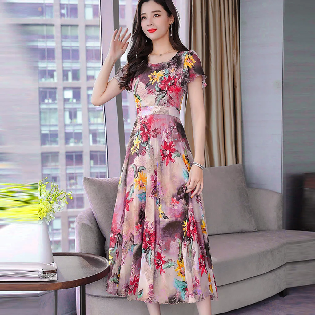 Модное женское летнее платье с О образным вырезом и коротким рукавом длинное