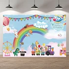 Милые животные маленький поезд на голубом небе фон для фотосъемки новорожденных Радуга с горячим воздухом шары для будущей мамы детский день рождения фоны