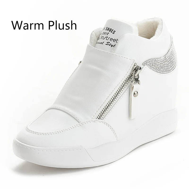 white plush lining Dumoo/осенне-зимняя обувь; женские кроссовки; женские теплые плюшевые белые/черные кроссовки на платформе и высоком каблуке; zapatillas mujer - Цвет: white plush lining