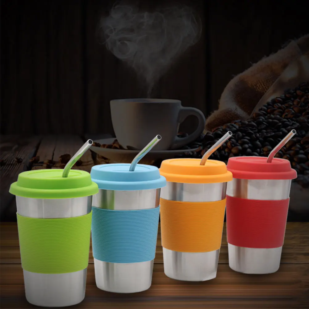 

4PCS 500ml Stainless Steel Tumbler With Lid Straw Cup Silicone Protective Cover Reusable Coffee Mug For Cold Hot Drinks Coffee
